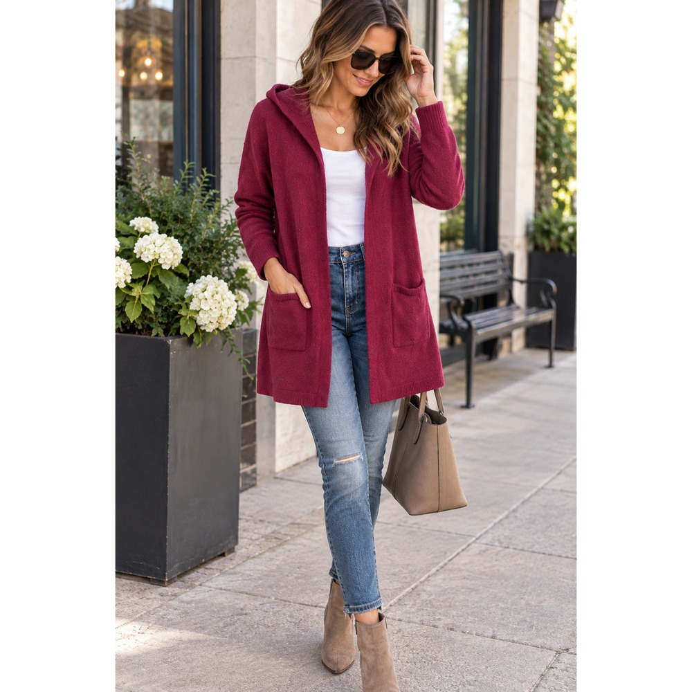 Tahari 100% Cashmere Hooded Cardigan M Berry Burgundy Quiet Luxury